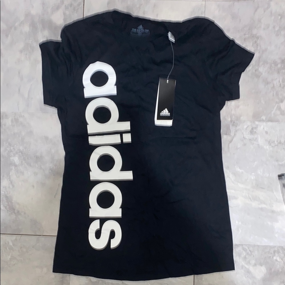 Adidas Black Tee with Vertical White Lettering brand new woman small S